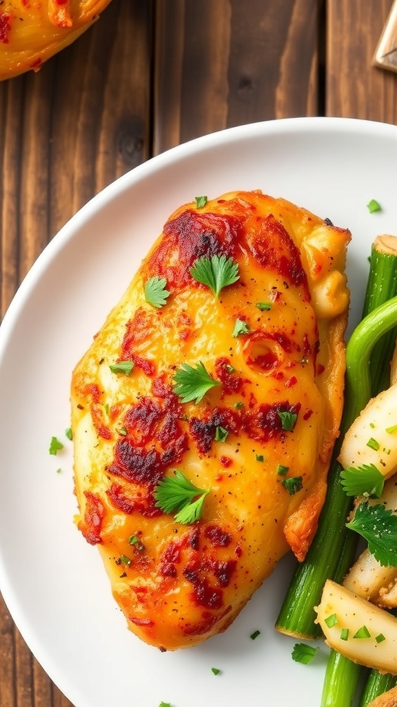 Juicy air fryer chicken breast garnished with parsley, served with steamed vegetables on a rustic table.